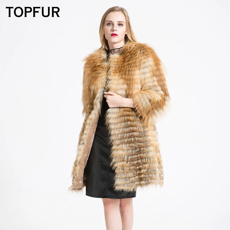 Женское пальто с натуральным лисьим мехом TOPFUR длинное круглым вырезом и на