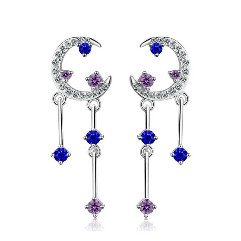 

New Fashion Moon Starry Sky 925 Silver Colorful Zircon Long Tassel Dangle Earring For Women Girls Simple Party Gift Jewelry