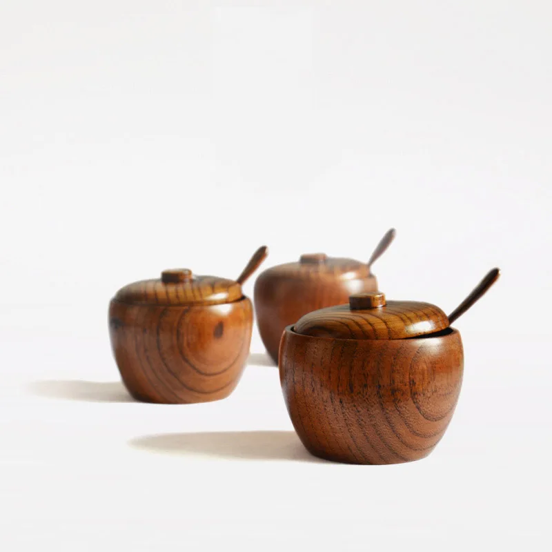 1Pcs/Set Japanese Natural Wood Spice Jar with Lid Fashion Sugar Bowl Salt Jar with Free Spoon Kitchen Accessories