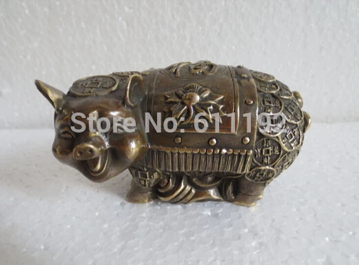 11 CM lenth Home Feng Shui Decor Metal Crafts chinese bronze carved money Lucky Pig sculpture