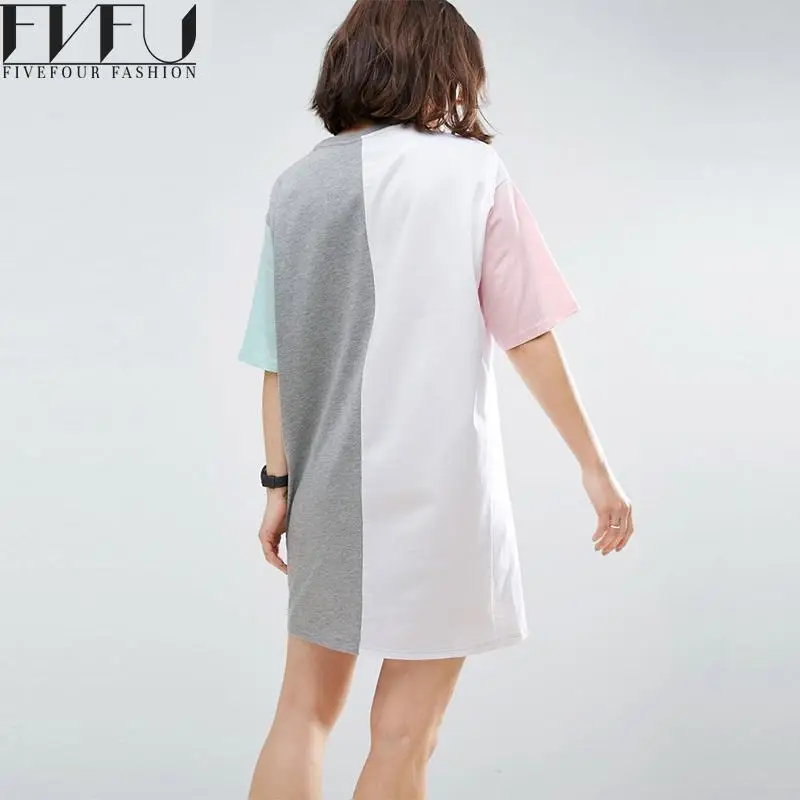 New Fashion 2018 Dress Women Summer Cute Color Block Shirt Girls Patchwork Short Sleeve Loose Casual Plus Size | Женская одежда