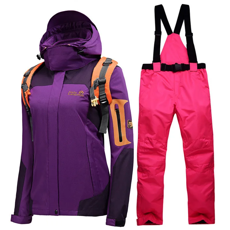 Purple Bright pink Зимний лыжный костюм, женский бренд, высокое качество, лыжная куртка и штаны, теплые, водонепроницаемые, ветрозащитные, лыжные и сноубордические костюмы - Цвет: Purple Bright pink