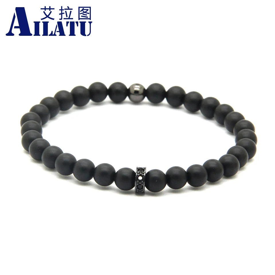 Ailatu Lady's Summer European American Fashion Brand 6mm Matte Onyx Stone with Micro Inlay Black Zircons Wheel Spacer Bracelet |