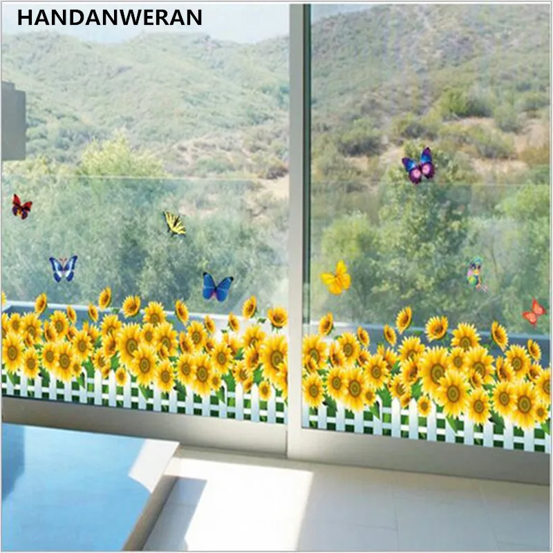 

2021 High Quality New 3D Sunflower Butterfly Glass Paste Wall Stickers Decoration For Kid's Bedroom Skirting Of The Footboard