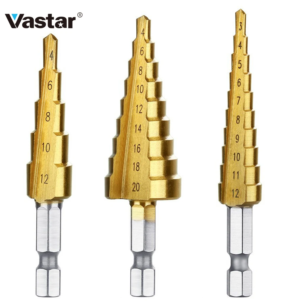 Vastar из быстрорежущей стали, титановые ступенчатые сверла, конусные режущие инструменты, деревообрабатывающие сверла по дереву, металлу, 3-12 мм, 4-12 мм, 4-20 мм, 3-13 мм, 4-32 мм