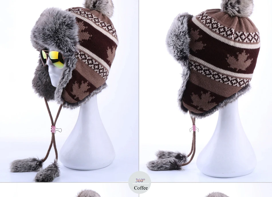 Women Faux Fox Fur Pompom Russian Ushanka Wool Knitted Earflap Bomber Trapper Hat Winter Snow Ski Cap Maple Leaf Pilot Trooper