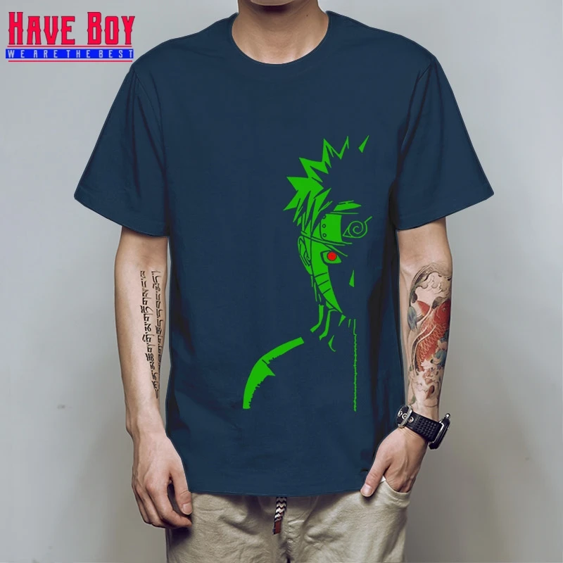 navy green HAVE BOY Мужская модная футболка брендовые летние футболки Наруто Shippuden Red Sun аниме полосатая мужская футболка хлопок топ тройники HB196 - Цвет: navy green