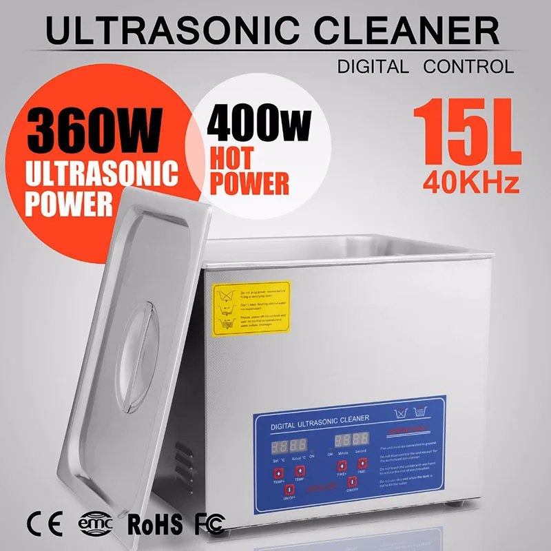 

VEVOR Brand Powerful Stainless Steel 15 L Liters Ultrasonic Cleaner 760W Digital Heater Timer
