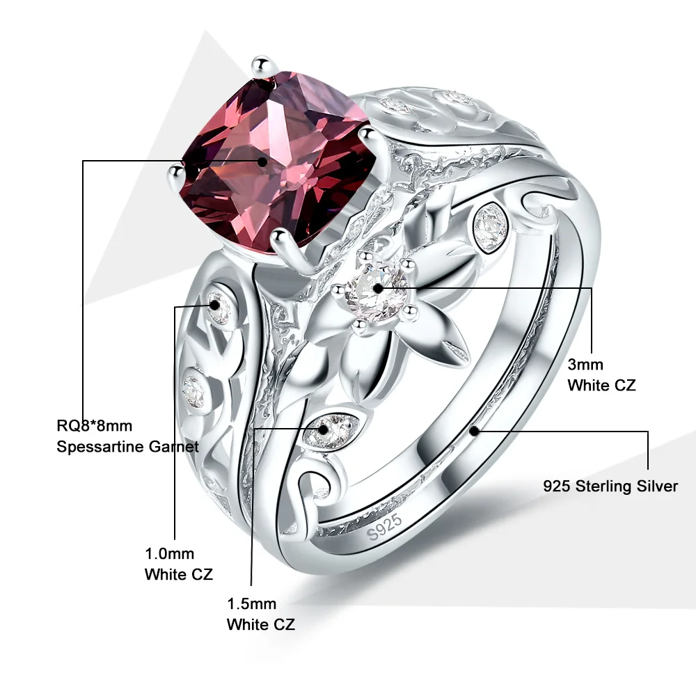 Jrose Square 4.3ct Спессартин Гранат &amp Белый CZ обручальные кольца из настоящего серебра