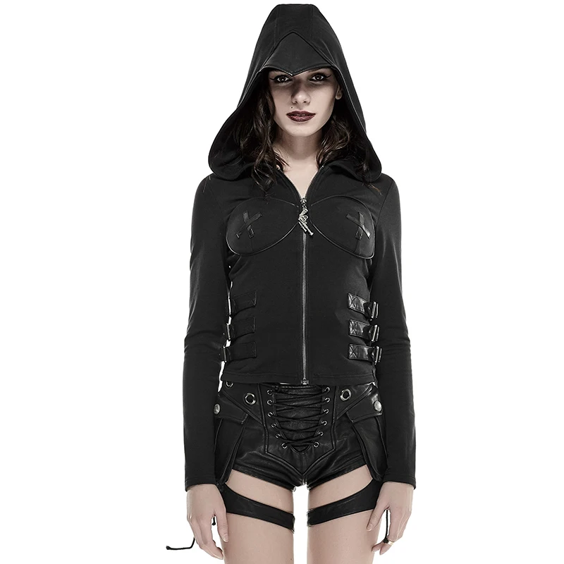 Панк Черная Женская короткая куртка на молнии Сексуальные облегающие толстовки