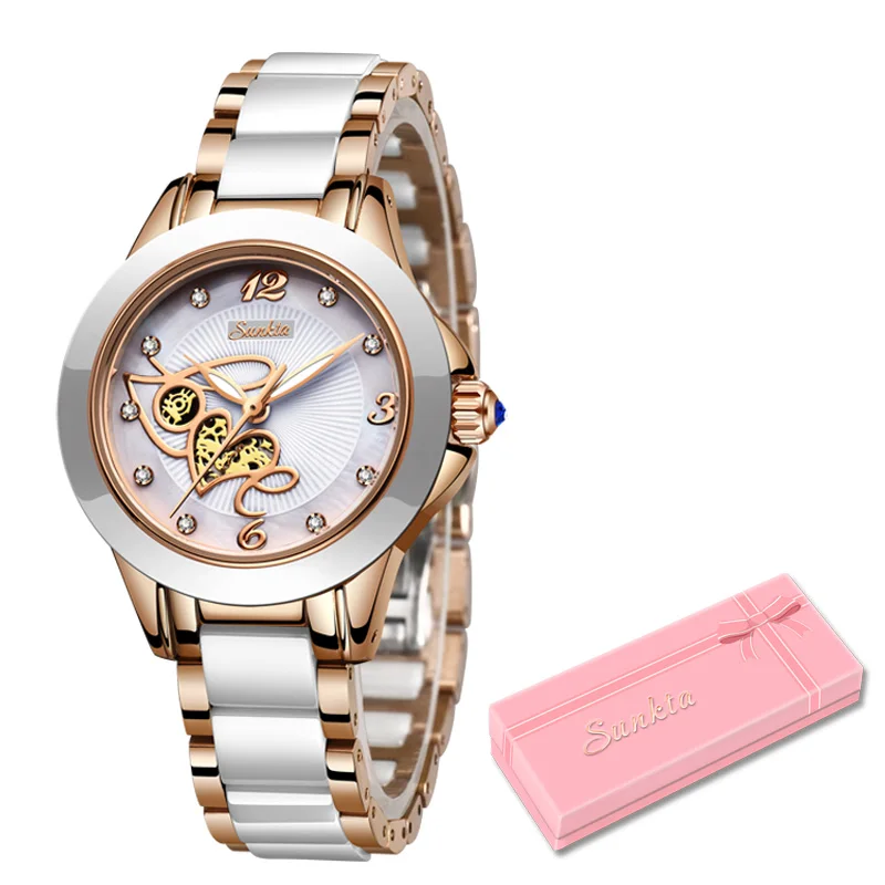 Rose gold white SUNKTA новые женские роскошные брендовые часы простые Кварцевые женские водонепроницаемые наручные часы женские модные повседневные часы reloj mujer - Цвет: Rose gold white