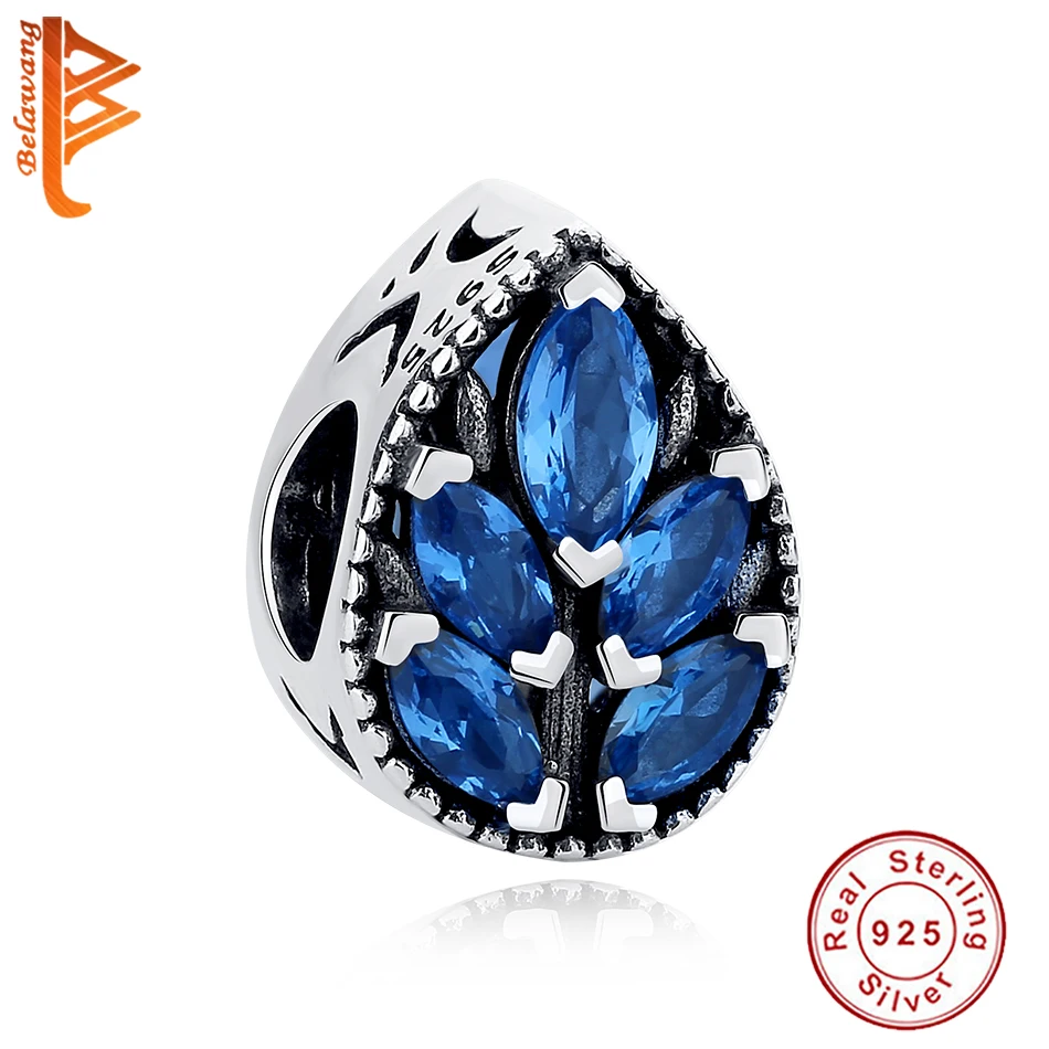 

BELAWANG Autumn 100% 925 Sterling Silver Maple Leaves Blue Clear CZ Beads Fit Charm Bracelet & Necklace DIY Women Jewelry Gift