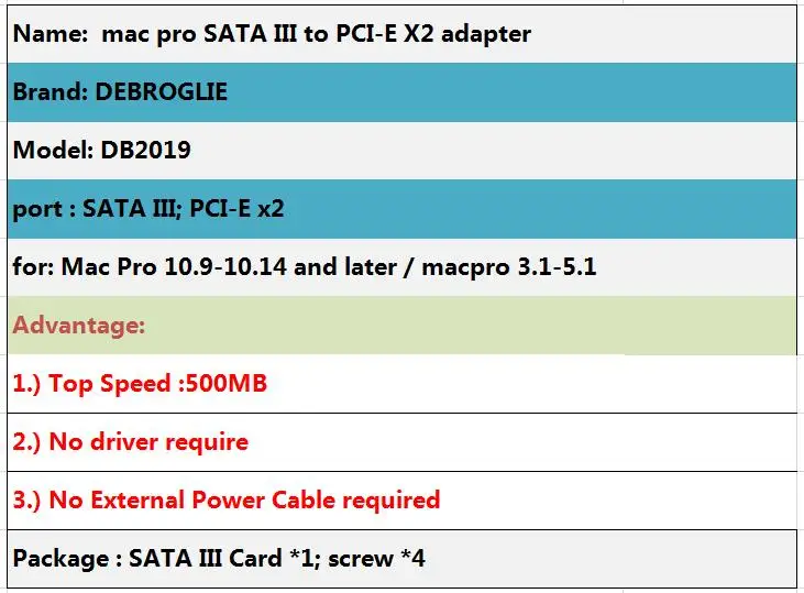 DEBROGLIE DB- самая быстрая скорость 500 МБ PCIE x2 до 2,5 'SATA III SSD адаптер карта для mac pro 3,1-5,1 OSX 10,8-10.14.5