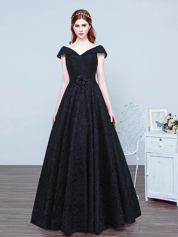 

New Black V-neck Long Evening Dress Lace Sash Vintage Prom Party Wear Vestido De Festa Off The Shoulder Cheap Evening Gown