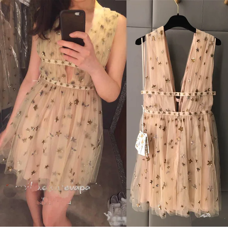 2017 новое летнее платье сексуальные Звездные бусины Jacobs Глубокий V платья