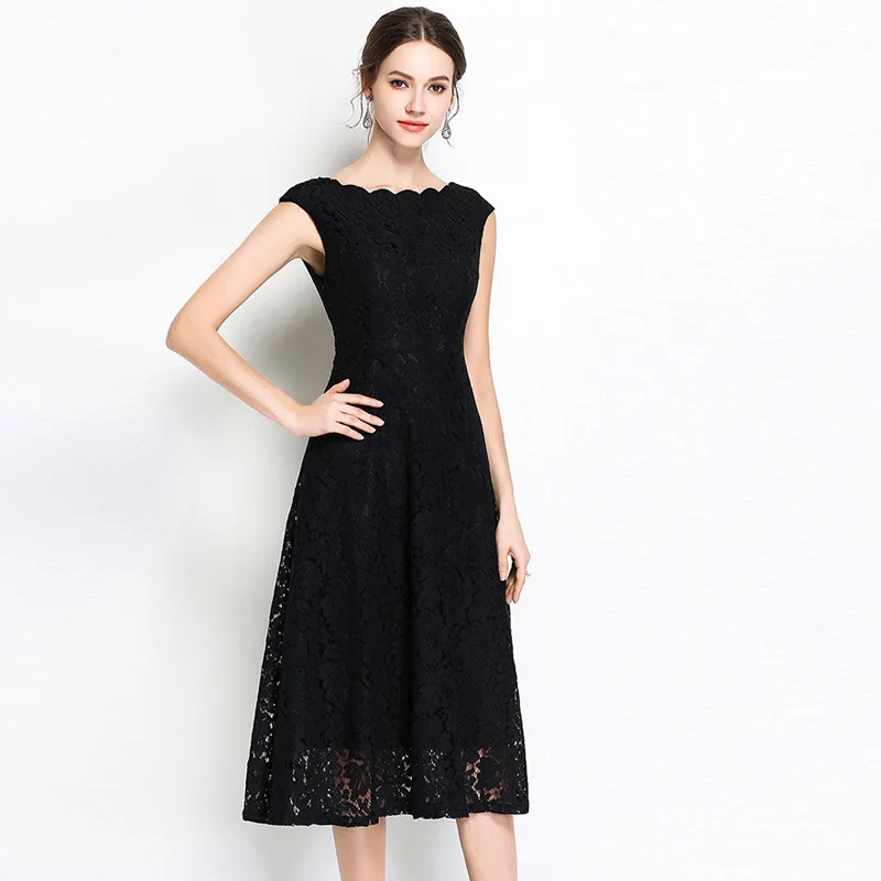 Летние платья 2019 новая волна воротником без рукавов кружевные средней длины