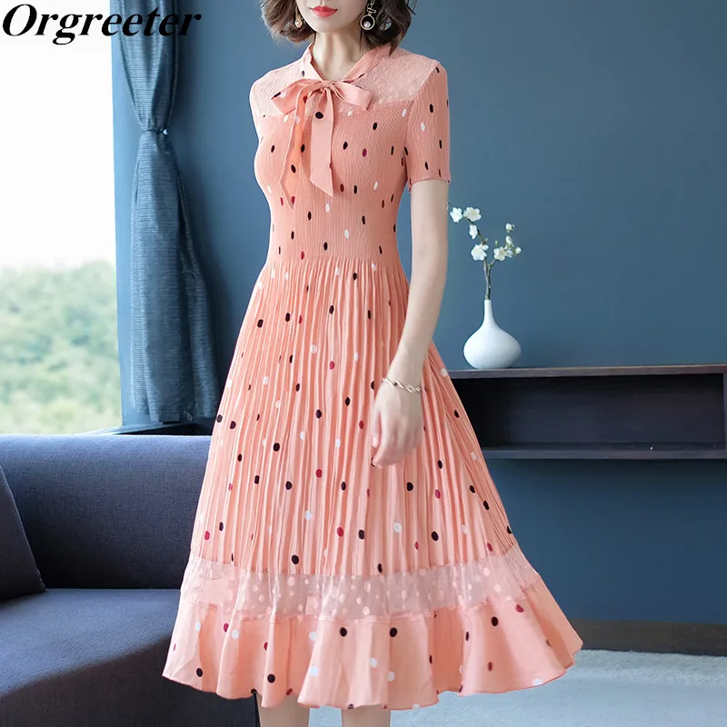 Элегантное розовое длинное платье в складку женское модное горошек с бантом и