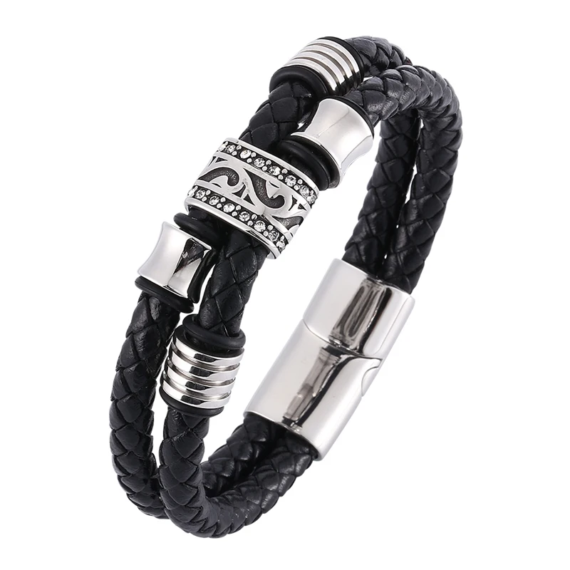 

Double Layer Black Braided Leather Trendy Bracelet Men Jewelry Punk Magnetic Steel Buckle Male Leather Bracelet Wristband SP0342