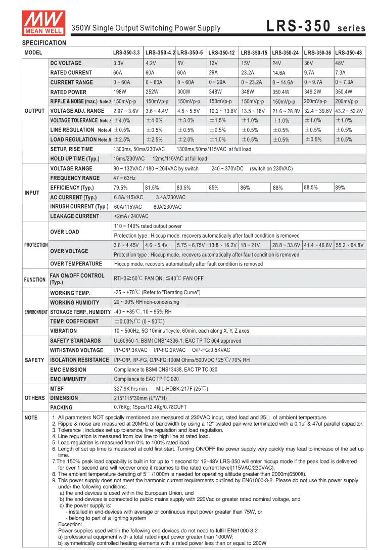 Тайвань Meanwell LRS-350 импульсный источник питания мВт 5 в 12 В 15 в 24 в 36 в 48 в 350 Вт LRS-350-24