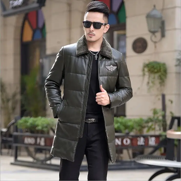

Hot New Winter Fashion Lamb fur collar lapel Coat Mens down leather jacket men Korean Long leather clothes Slim Male windbreake