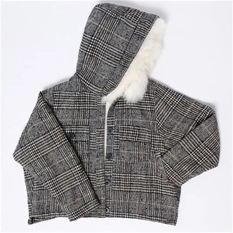 

Fashion Plaid Jacket female New student coat autumn and winter thick fur collar hooded loose woolen coat women
