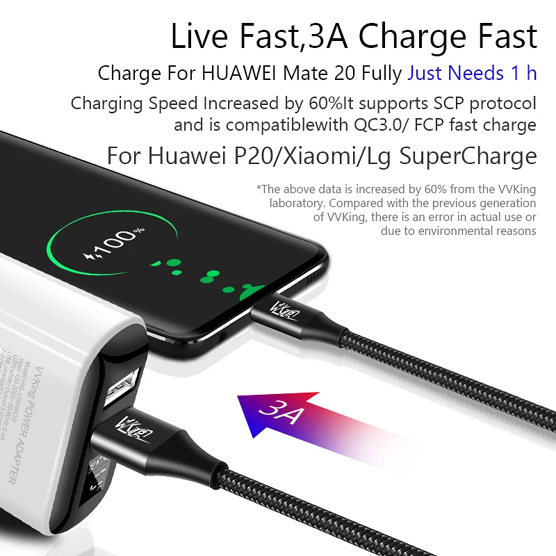 Кабель для быстрой зарядки VVKing USB Type C QC3.0 3A зарядка 1 5 м 2 Samsung Xiaomi Huawei LG быстрая 3 0