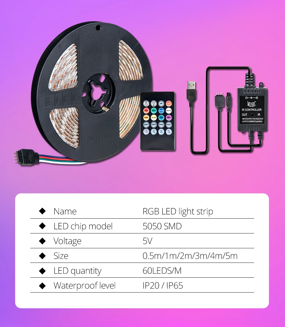 1 м 2 м 3 м 4 м 5 м RGB ночные светильники с Музыкальный датчик контроллер SMD 5050 60 светодиодов/м Диодная Светодиодная лента ТВ ПК подсветка экрана