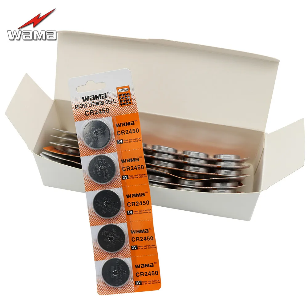 100 шт/20 пакет Wama 100% новый CR2450 3V аккумуляторы таблеточного типа DL2450 ECR2450 BR2450-1W KCR2450 литий автомобиль дистанционного монета Батарея