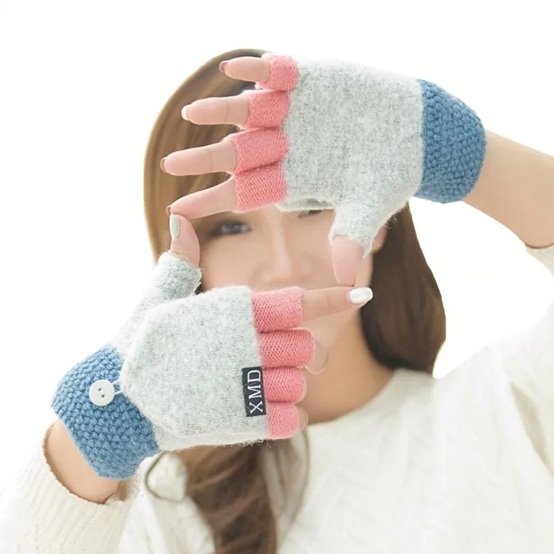 

VISNXGI Winter Warm Thickening Wool Gloves Knitted Flip Fingerless Exposed Finger Thick Wool Fashion Women Men Letter Mittens
