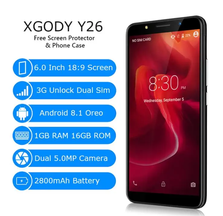 XGODY Y26 6 0 &quot18:9 полный Экран 2800 mAh смартфон MT6580 4 ядра Android 8 1 5MP двойной сзади Камера