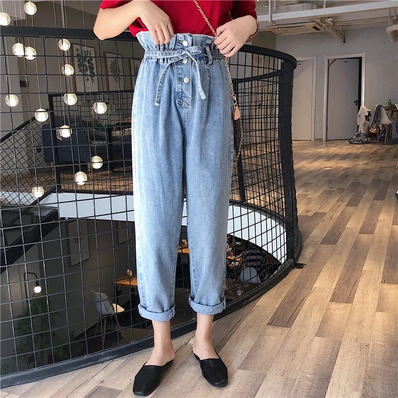 S XL 2018 корейский стиль осенняя бумажная сумка талия брюки высокая джинсы женские