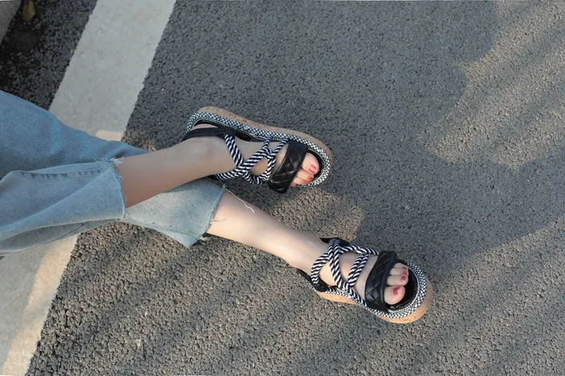 summer new women's platform sandals flat Women Shoes Sweet Lace-up Women's Open Toe Sandals Roman Mixed Color Shoes
