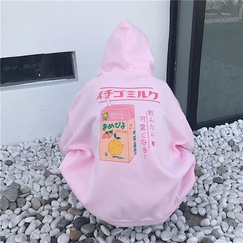 New Hooded Hoodies Women Strawberry Milk Heart Print Kangaroo Long Sleeve Sweatshirt Front Pocket Casual Harajuku Jumper | Женская