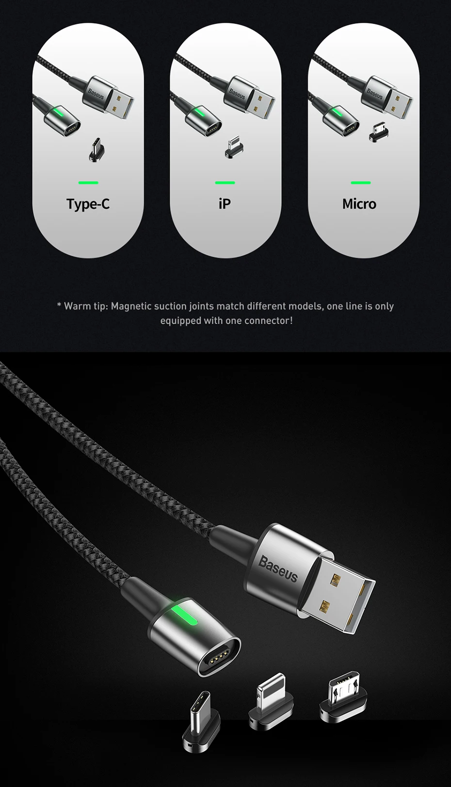 Baseus Магнитный кабель Micro USB для быстрой зарядки iPhone samsung, Магнитный адаптер для зарядного устройства usb type C, кабели для мобильных телефонов