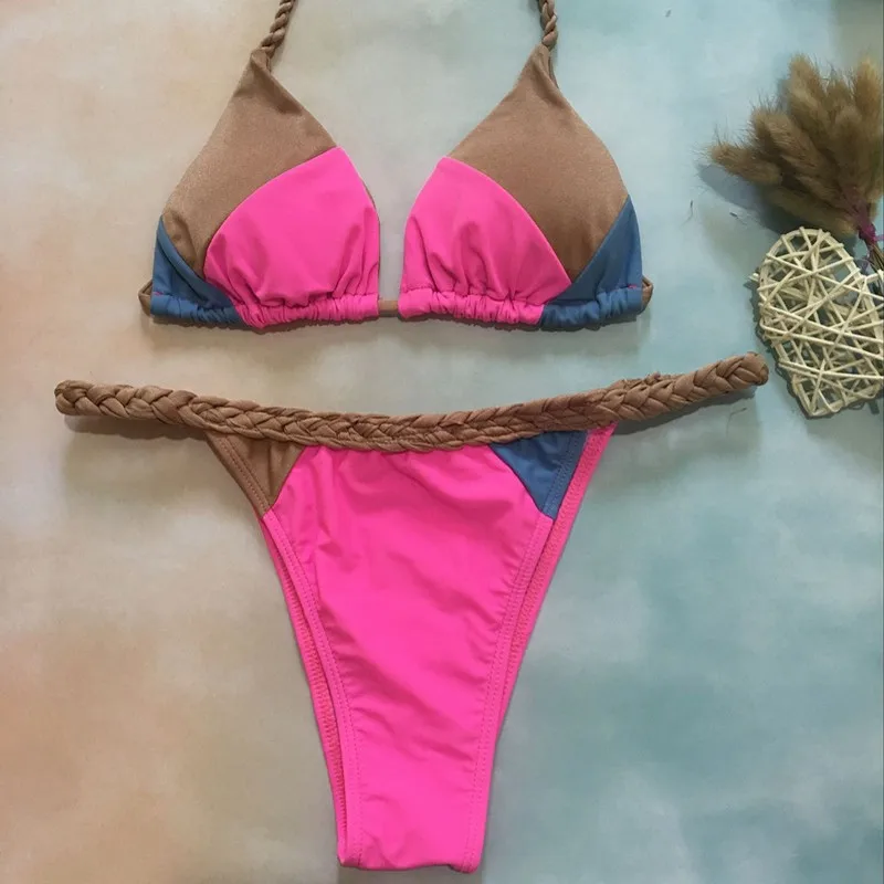 2019 бикини сексуальный купальник из двух частей трехцветный сшивание ручной