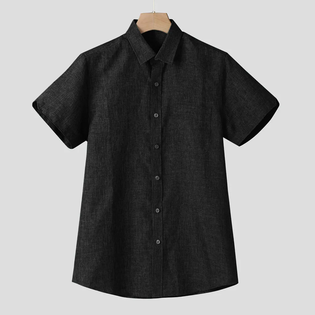 Черный Men Cotton Linen Shirts Solid Casual Streetwear Short Sleeve Shirt Male Shirt Camisas Hombre Chemise Men's Shirts Top Clothes - Цвет: Черный