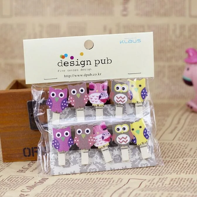 

100pcs/pack Cute cartoon &Owl design Special Gift Wooden Clip Mini Bag Clip Paper Clip wood pegs Students' DIY Tools
