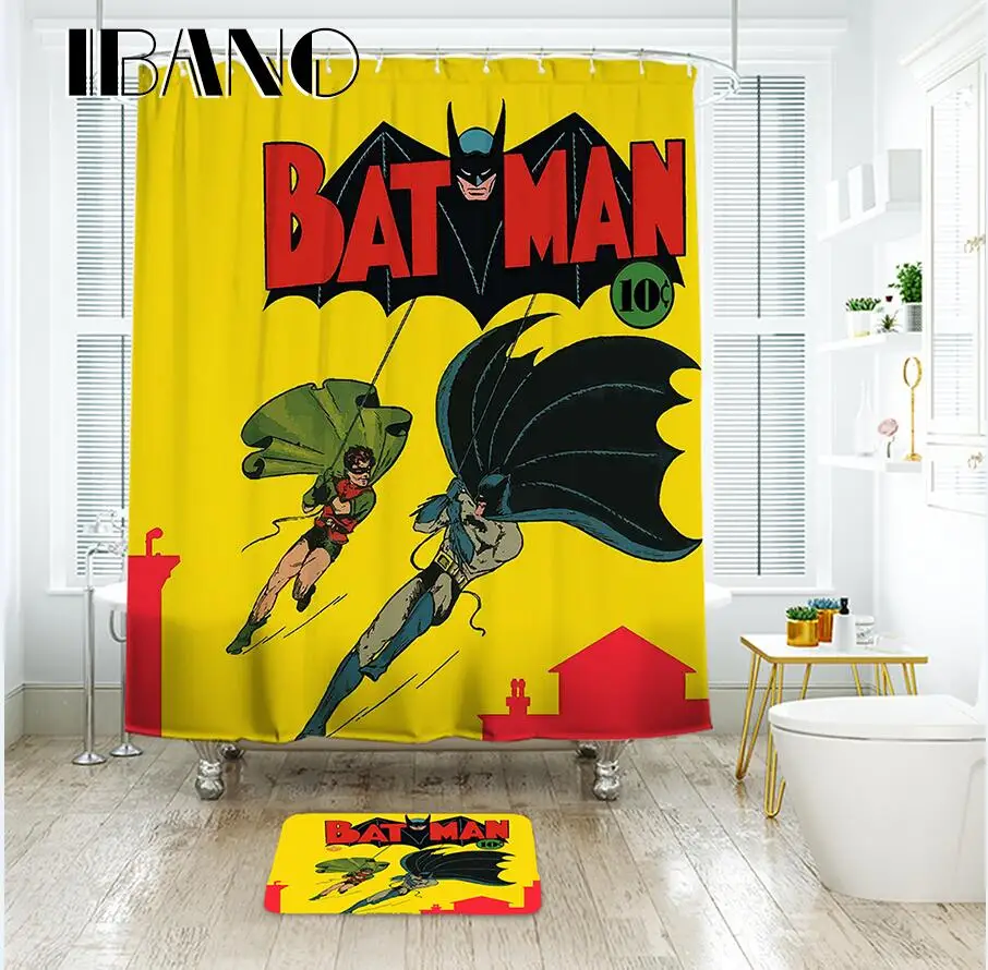 IBANO занавеска для душа, водонепроницаемый полиэстер, ткань Marvel, Бэтмен, занавеска для ванной комнаты, 12 шт., пластиковые крючки, напольный коврик - Цвет: 1