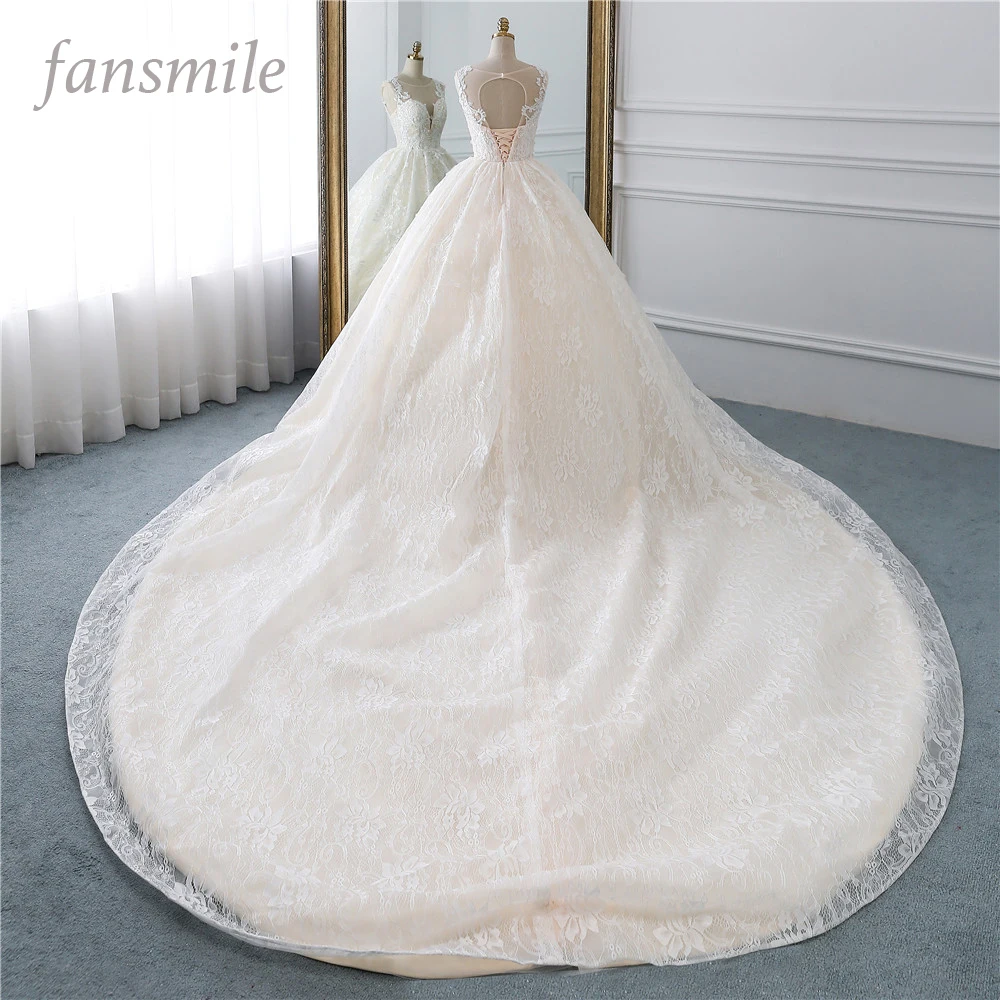 Fansmile роскошный кружевной длинный шлейф бальное платье свадебное платье Vestidos de Novia принцесса качественное свадебное платье FSM-528T