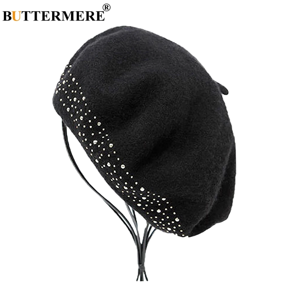 

BUTTERMERE Wool Beret Cap Women Black Rivet Artistic Hats Ladies French Beanies Elegant Soft Female Autumn Winter Painters Caps