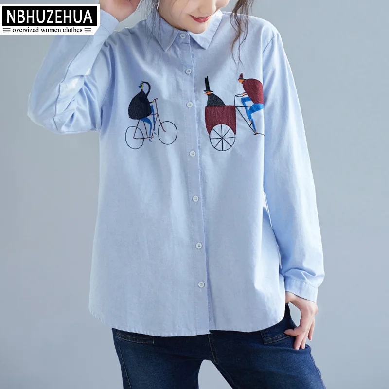 NBHUZEHUA Вышивка светло голубая женская блузка 5XL Базовые Женские топы с длинным