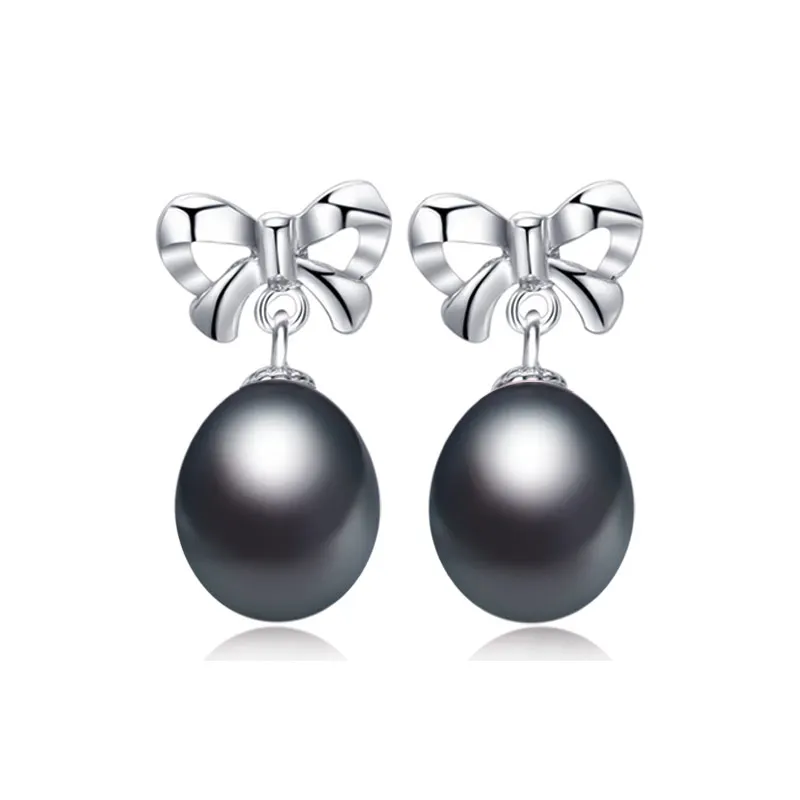 Bowknot black Даими культивированный Серьги с жемчугом, Подлинные Марка Ювелирные изделия из жемчуга 9 мм натуральный жемчуг бантом Серьги милые Серебряные серьги - Цвет камня: Bowknot black