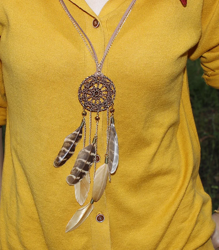 Плетеный Длинные Ловца снов Ожерелья Женщины Перо Подвески Коричневая Кожа