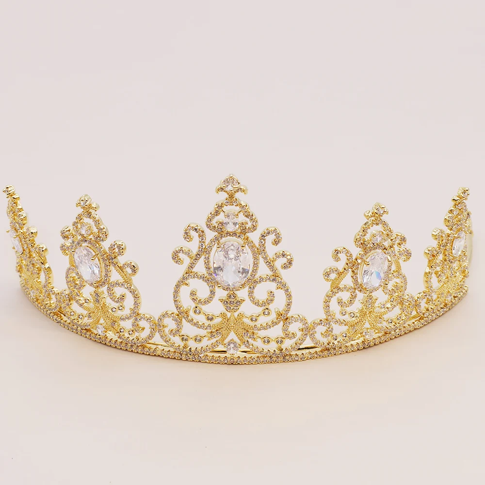 Блестящие золотые Цвет свадебная тиара AAA Цирконий Корона Украшения для волос