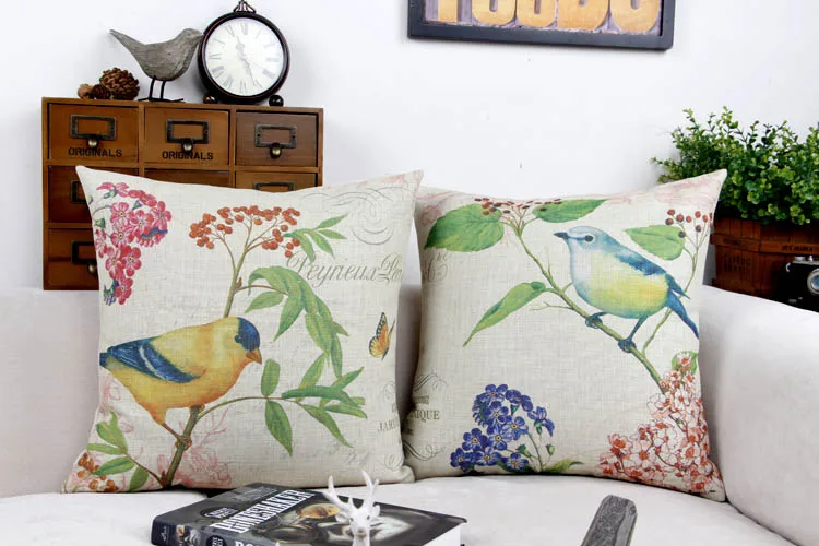 Льняная хлопковая подушка для рисования ручной работы с птицами и цветами