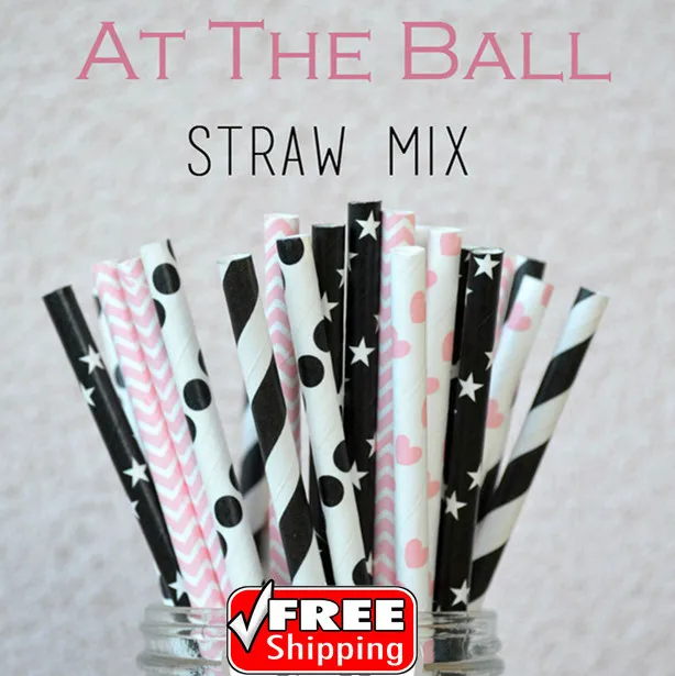 

250pcs Mixed 5 Designs At the Ball Themed Paper Straws-Black,Light Pink-Stripe,Dot,Chevron,Star,Heart-Disposable Party Drinking