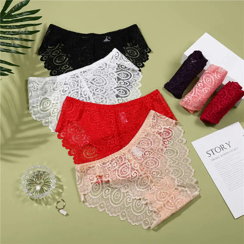 Женские кружевные трусы с низкой талией прозрачные цветочным принтом 3 шт./компл.