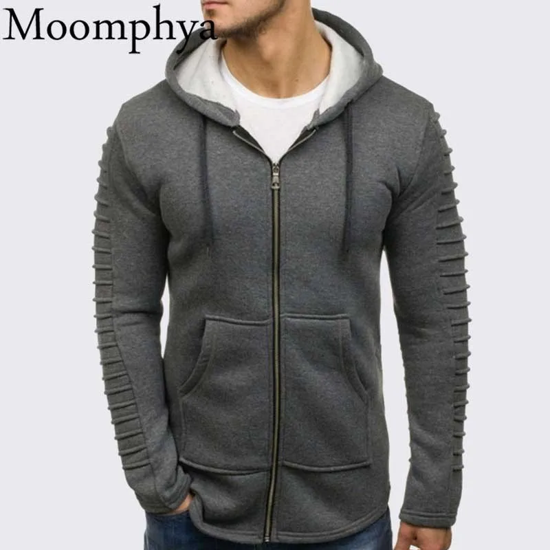 

Moomphya Pleated sleeve cardigan hoodies men Slim Fit fleece hoodie men Stylish stripe hooded sweatshirts Winter men coat jacket