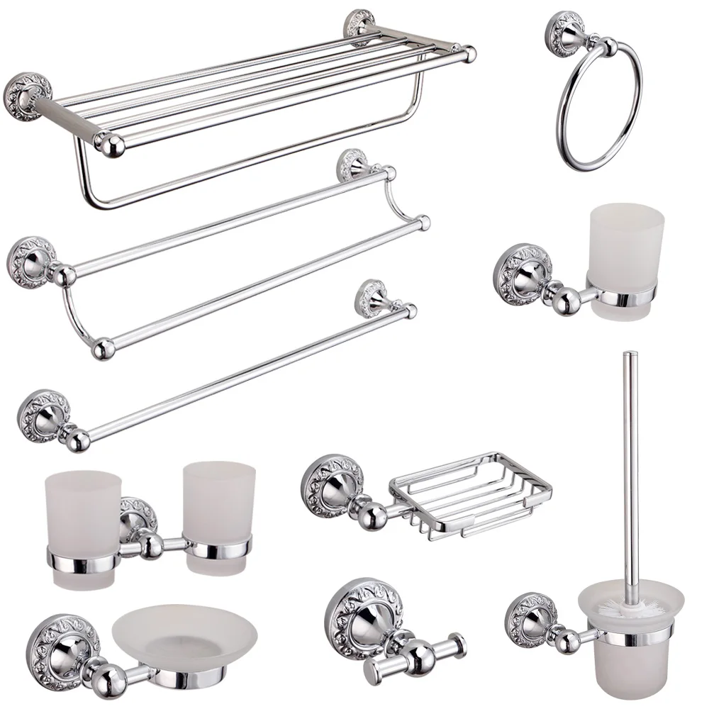 

AUSWIND carved double towel bar 30/40/50/60cm silver toilet paper holder mirror plated surface finishing bathroom hardware sets