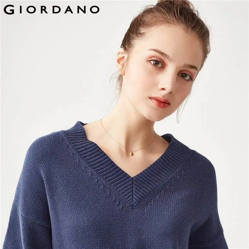 Giordano Women Pullover Sweater Ribbed V Neck Loose Cutting Long Sleeve Cuffs Pull Femme Stylish | Женская одежда